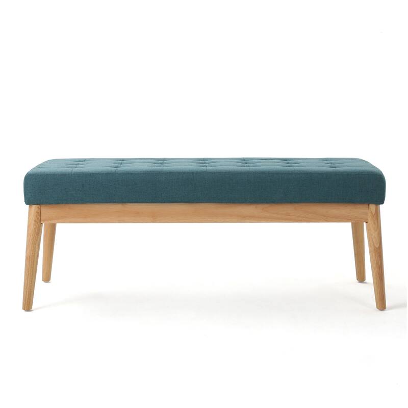 Gisa Ottoman Bench, Teal Blue Fabric Tufted Seat, 44 Inch Brown Wood