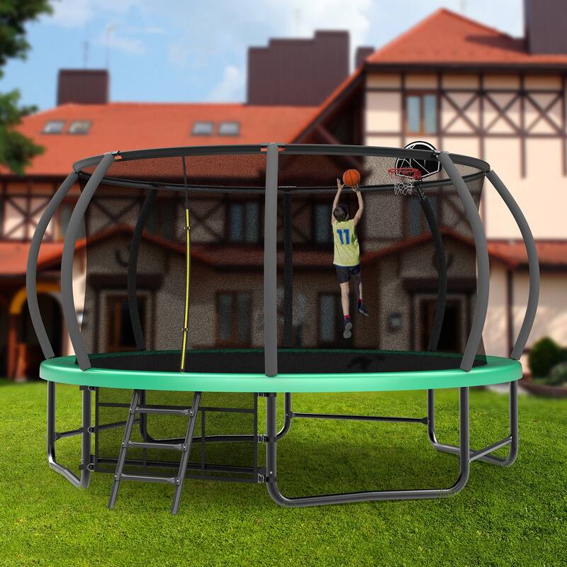 14FT Trampoline with Enclosure Recreational Trampolines with Ladder and AntiRust Coating, ASTM Approval Trampoline for Kids
