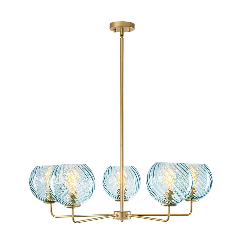 5-Light Blue Swirled Glass Globe Bubble Round Chandelier 35in
