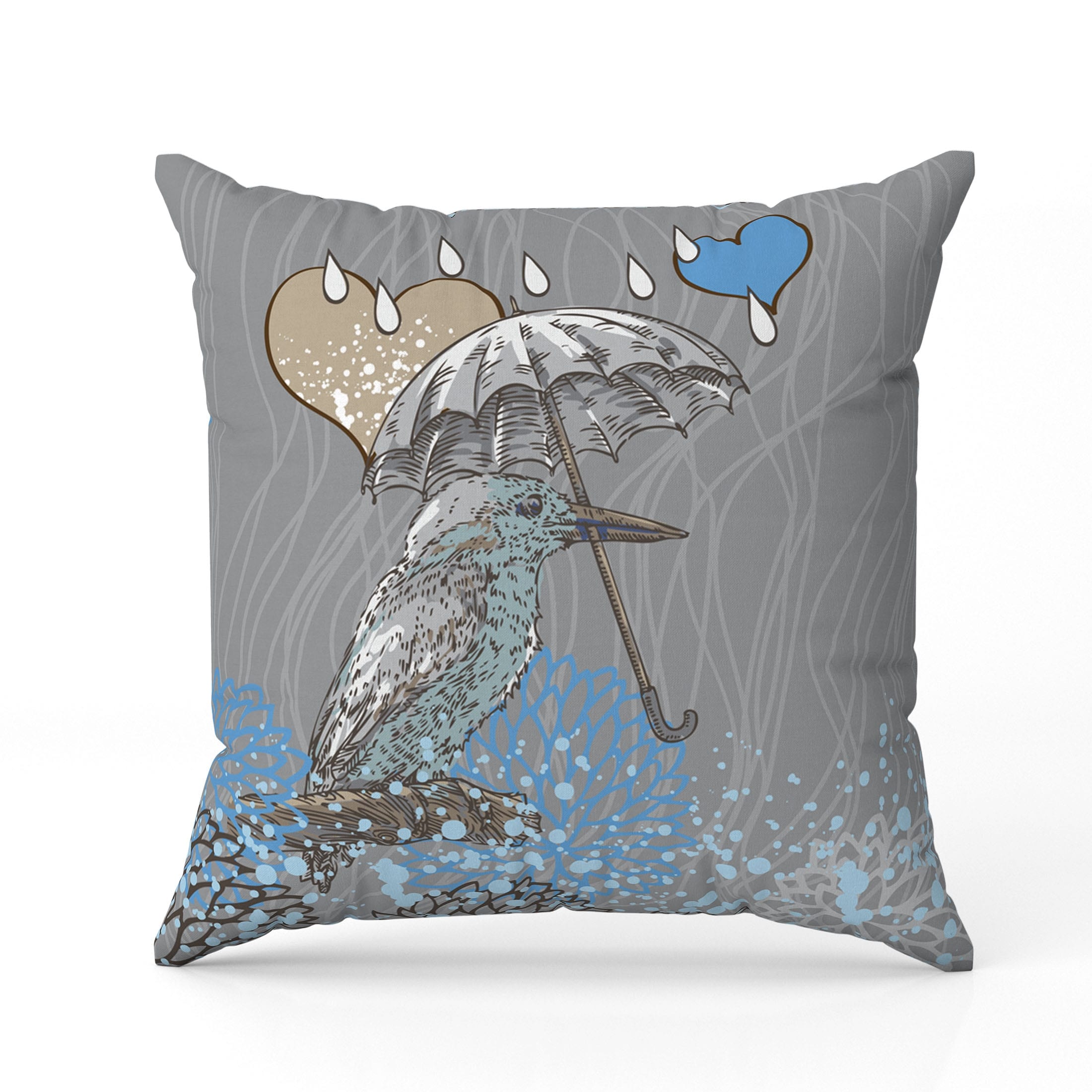 Bird with Umbrella Throw Pillow26x26 Faux Suede