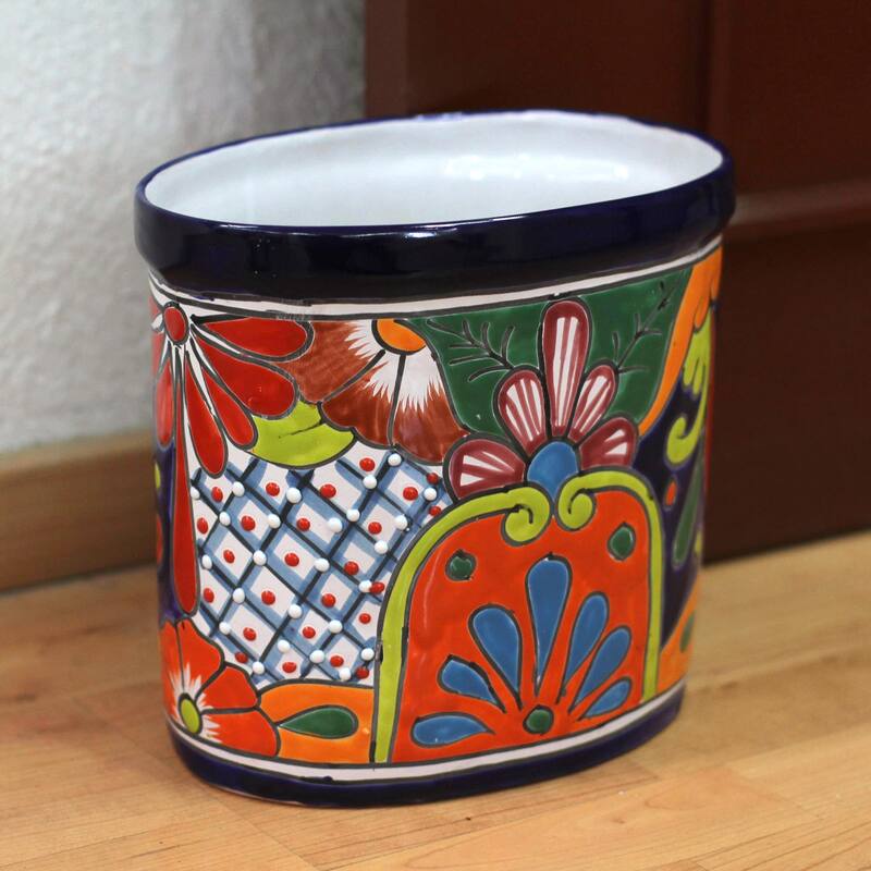 Novica Handmade Talavera Collector Ceramic Waste Bin