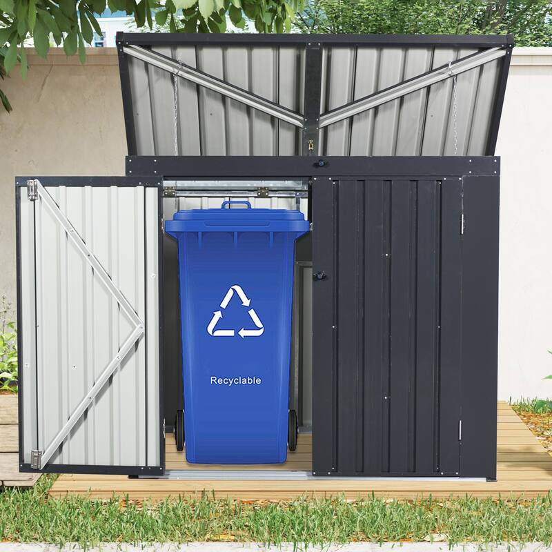 Upgraded Black Metal Garbage Bin Shed – Holds 2 Trash Cans, Stainless Galvanized Steel, for Outdoor/Garden Use. - Black
