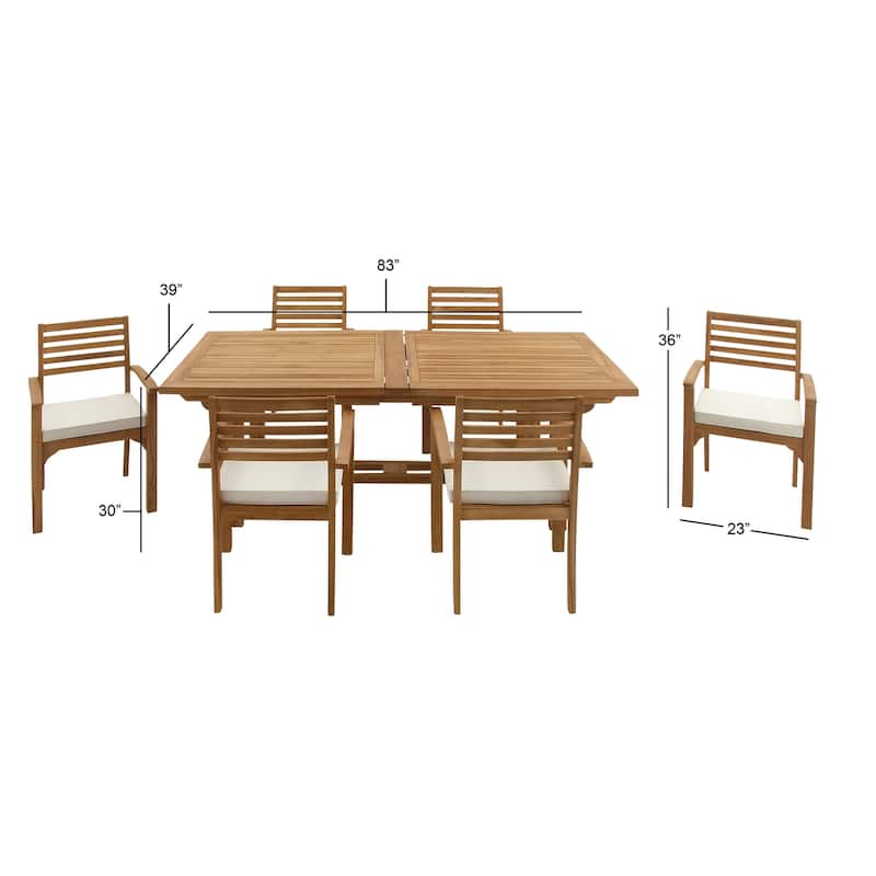 Brown Teak Wood Patio Outdoor Dining Set with White Cushions and Extendable Table Leaf (Set of 7) - 83"W, 30"H(A+B)