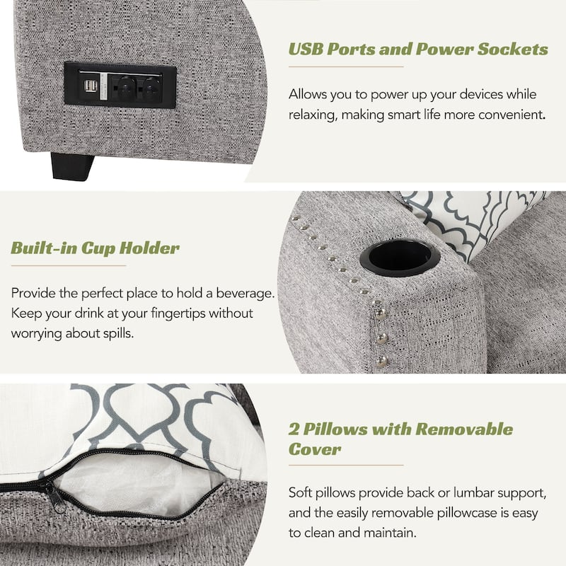 83.8" Pull-Out Sofa Bed with Storage Chaise, USB Ports, Power Outlets, and Cup Holders for Living Room