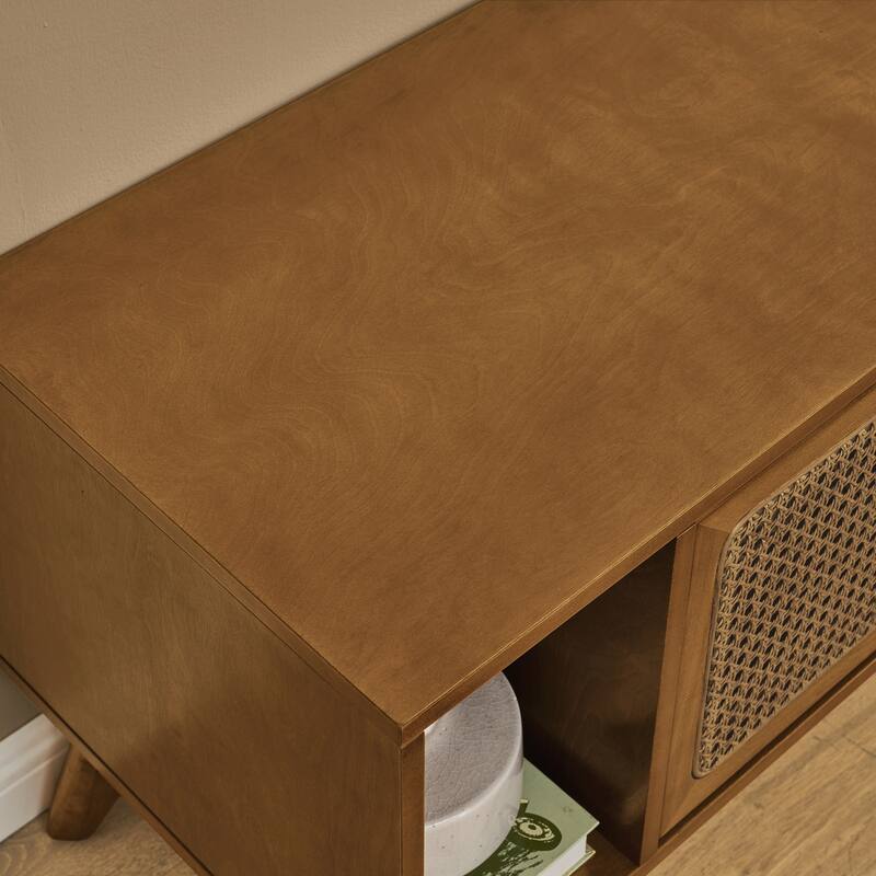 Charming Mid Century Rattan TV Stand with Solid Wood Feet and Versatile Storage