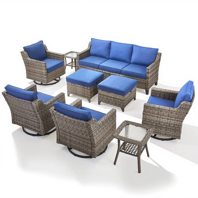 Pocassy Wicker Patio Sofa Glider Swivel Chair Ottoman Furniture Set.