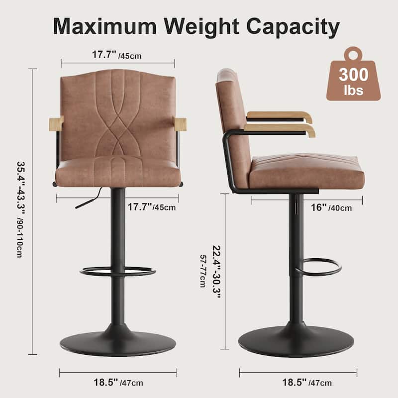 Javlergo 2-Piece & 4-Piece Adjustable Height Bar Chairs Brown PU Leather with Wave Pattern Armrests Black Base with Arc Footrest