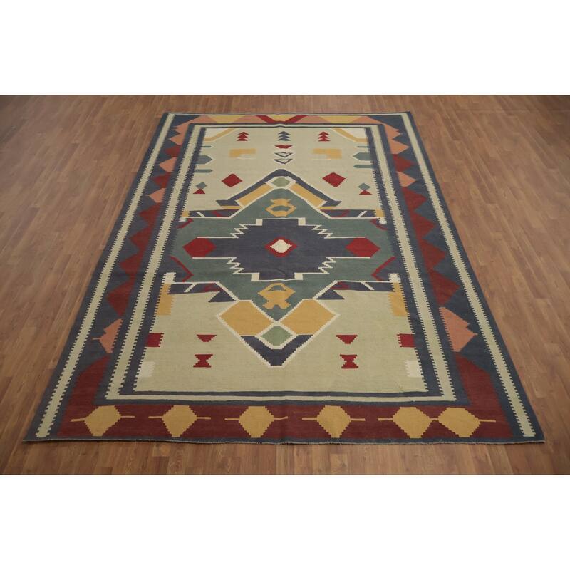 Hand Woven Oriental 100% Wool Carpet Southwestern Tribal Multi-Colored Kilim Area Rug - 11' 7'' X 8' 2''