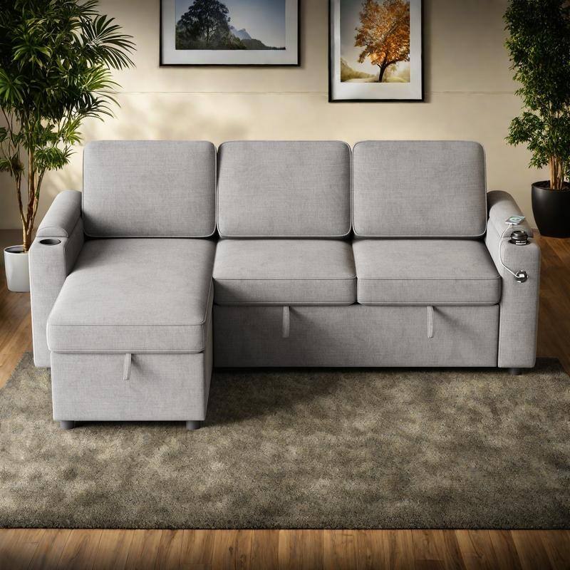 85.8" Fabric 3-Seat Sleeper Sofa with Storage & USB Charging Ports