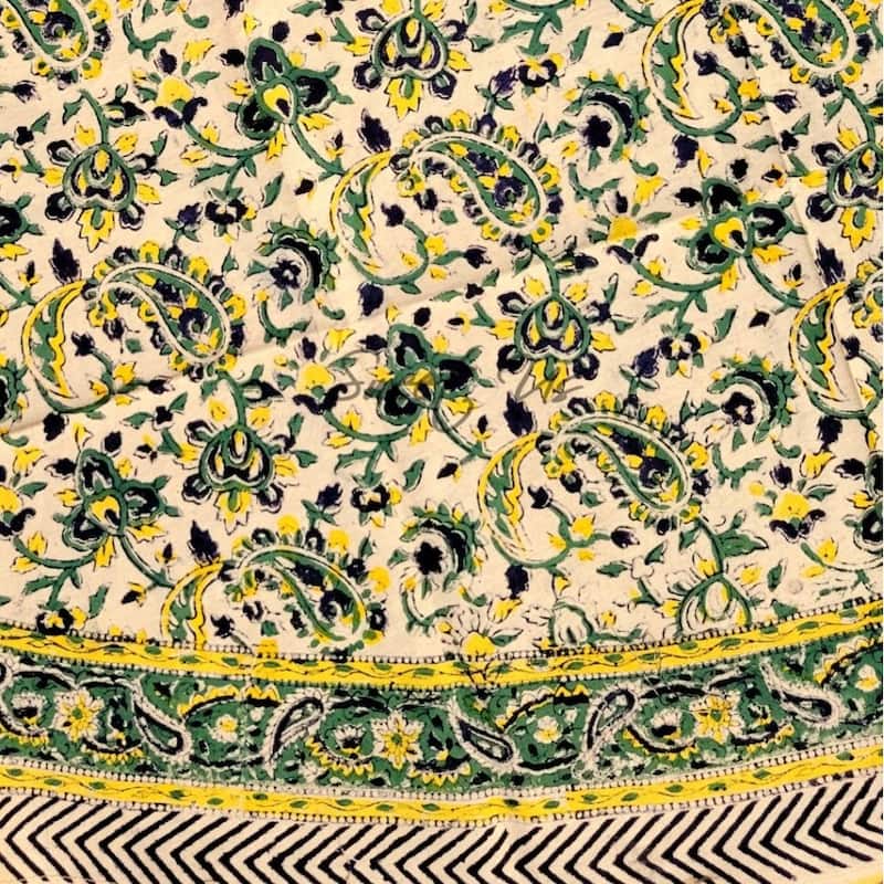 Block Print Tablecloth Round, Floral Paisley Love Gold - Paisley Love, Black Green Yellow