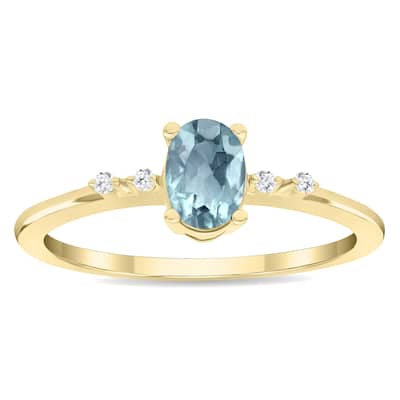 Women's Oval Shaped Aquamarine and Diamond Sparkle Ring in 10K Yellow Gold
