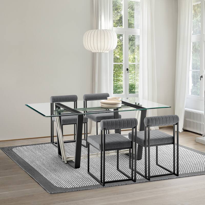 Kai Anastasia 5 Piece Rectangular Glass Dining Table Set with Metal Frame and Upholstered Chairs