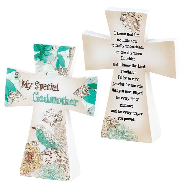 My Special Godmother Bird And Flowers White Tabletop Resin Cross 5" x 3" - other-frame-size