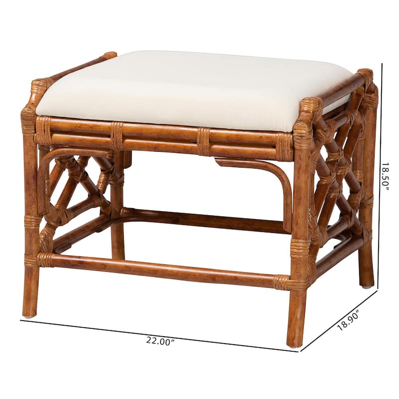 Morley Marbled Tortoise Natural Rattan Ottoman - Handcrafted Accent Footstool with Decorative Frame, Coastal Tropical Style