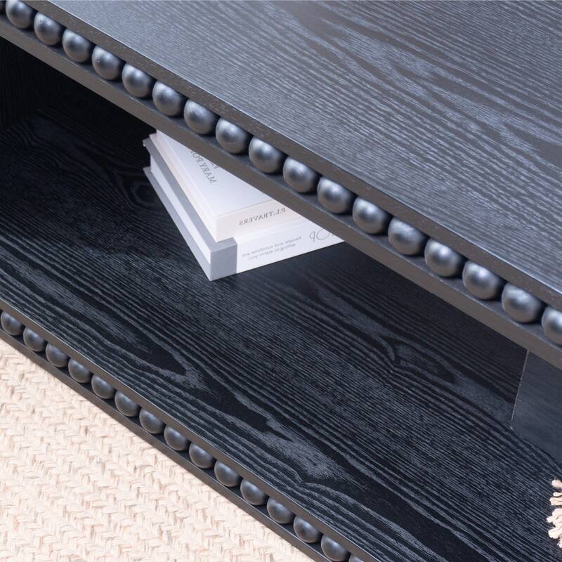 Roomfitters Black Beaded Edge Coffee Table with Open Storage Shelf, 47-Inch Modern Farmhouse Center Table in Matte Black Finish