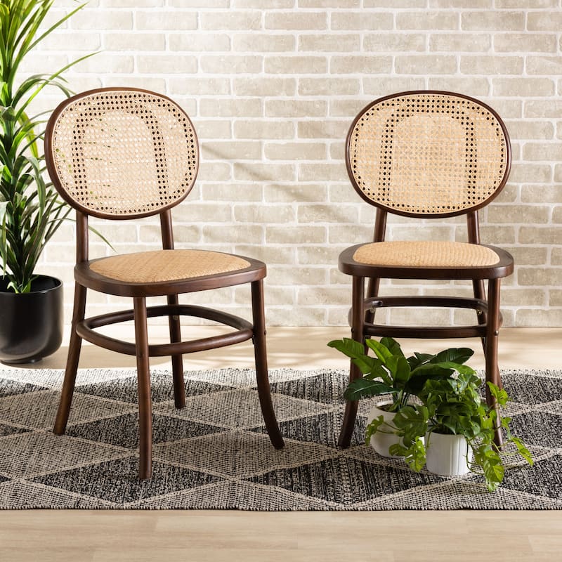 Garold Mid-Century Modern Woven Rattan and Wood Dining Chair Set(2PC)