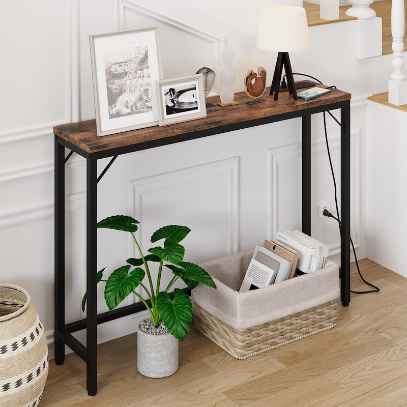 Console Table with Outlets, Narrow Sofa Table with Charging Station