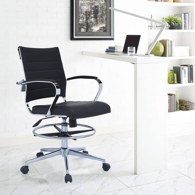 Swivel PU Leather Office Drafting Chair For Standing Table Mid-Back Ribbed Executive Ergonomic With Arms Wheels Task Computer