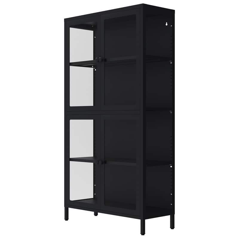 Storage Cabinet with 4 Glass Doors, Modern Sideboard Cabinet with Adjustable Shelves & Steel Feet, Accent Cabinet for Kitchen