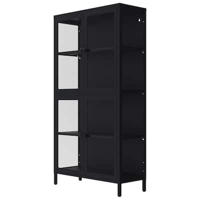 Storage Cabinet with 4 Glass Doors, Modern Sideboard Cabinet with Adjustable Shelves & Steel Feet, Accent Cabinet for Kitchen