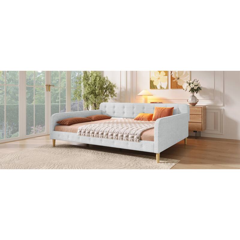 Roomfitters Queen Size Upholstered Daybed, Mid-Century Modern Sofa Bed Frame with Backrest and Tapered Wood Legs