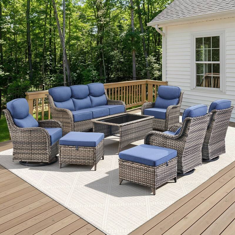Arcadia 8-Piece Wicker Patio Conversation Set with Swivel Gliders and 6-Inch Thick Olefin Cushions