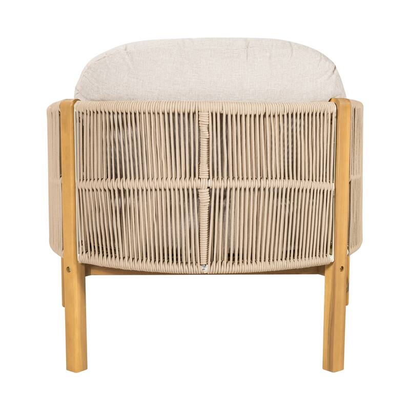 Roomfitters Grotta Outdoor Acacia Wood Club Chair with Rope Woven Back, Teak Finish and Beige