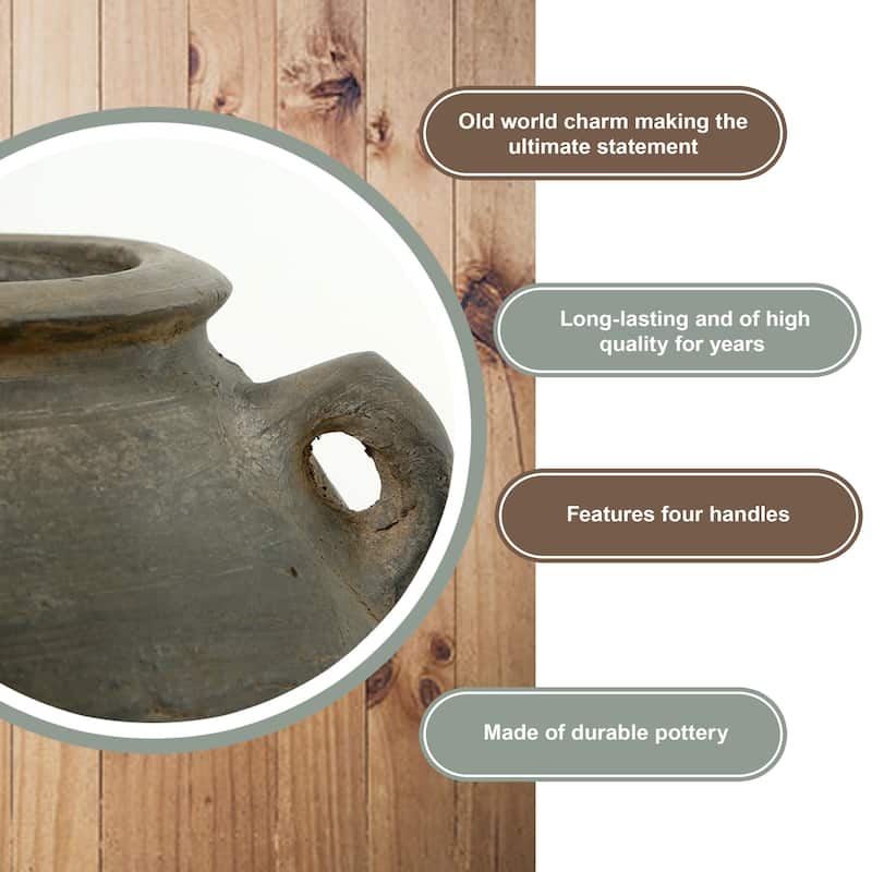 Artissance 14.2"W Large Gray Pottery Indoor Outdoor Vintage Water Jar w/4 Handles, Home and Garden Decor (Color & Size Vary)