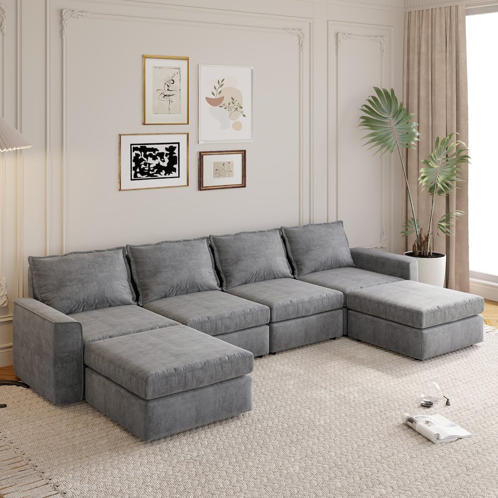 U-Shaped Modular Sectional Sofa,6-Seat Reversible Couch with Ottoman