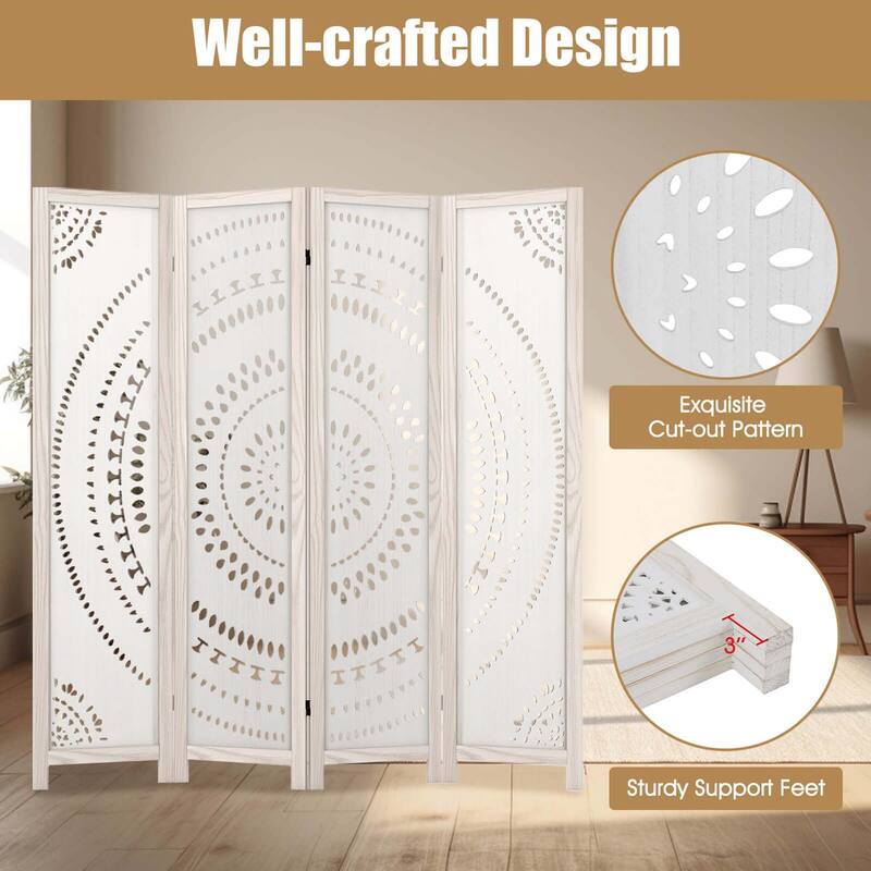 Costway 66" Boho 4-Panel Room Divider with Carved Pattern & Solid Wood - See Details