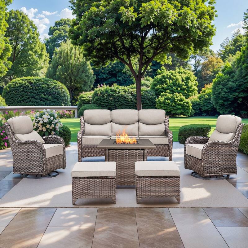 Pocassy 6 Pieces Outdoor 6" Sofa Swivel Chair Ottoman with Fire Pit Table - Brown Wicker - Beige cushion