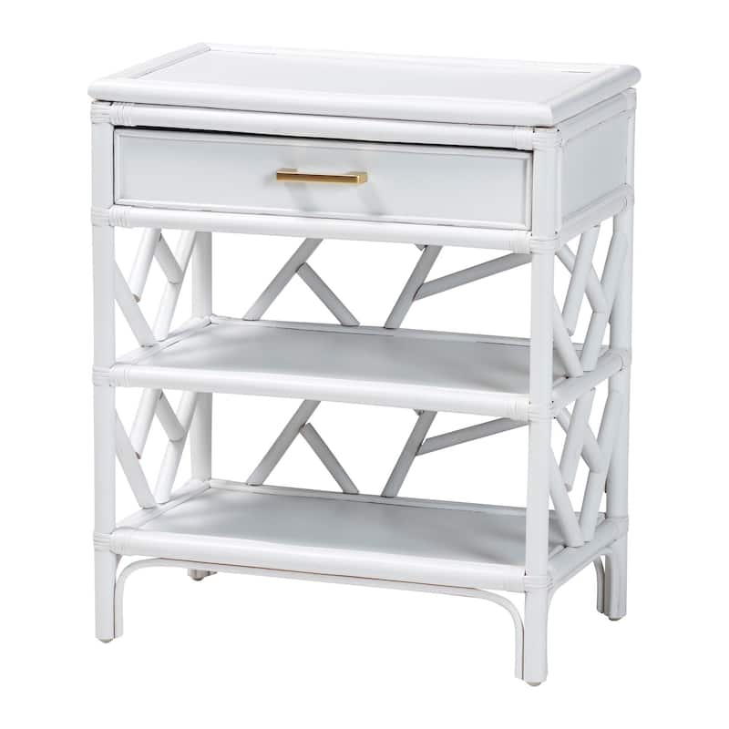 Daina Natural Rattan Nightstand with Drawer and Open Shelves- Coastal Bedside Table with Geometric Design - White
