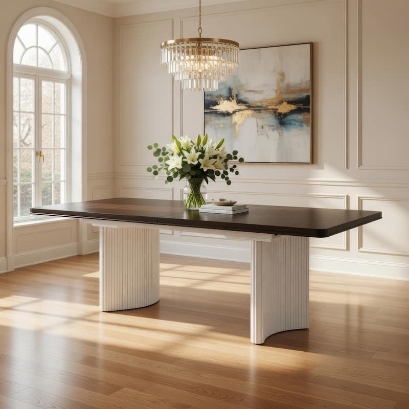 Aren Extendable Dining Table, Double Pedestal, Brown White, 78-96 Inch