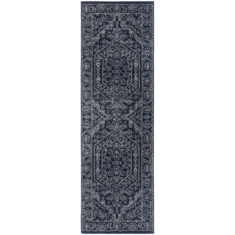 SAFAVIEH Adirondack Sian Rustic Oriental Medallion Rug - 2'6" x 14' Runner - Navy/Ivory