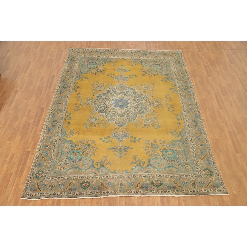 Hand Knotted Oriental 100% Wool Carpet Traditional Floral Yellow & Gold Tabriz Area Rug - 12' 5'' X 9' 8''