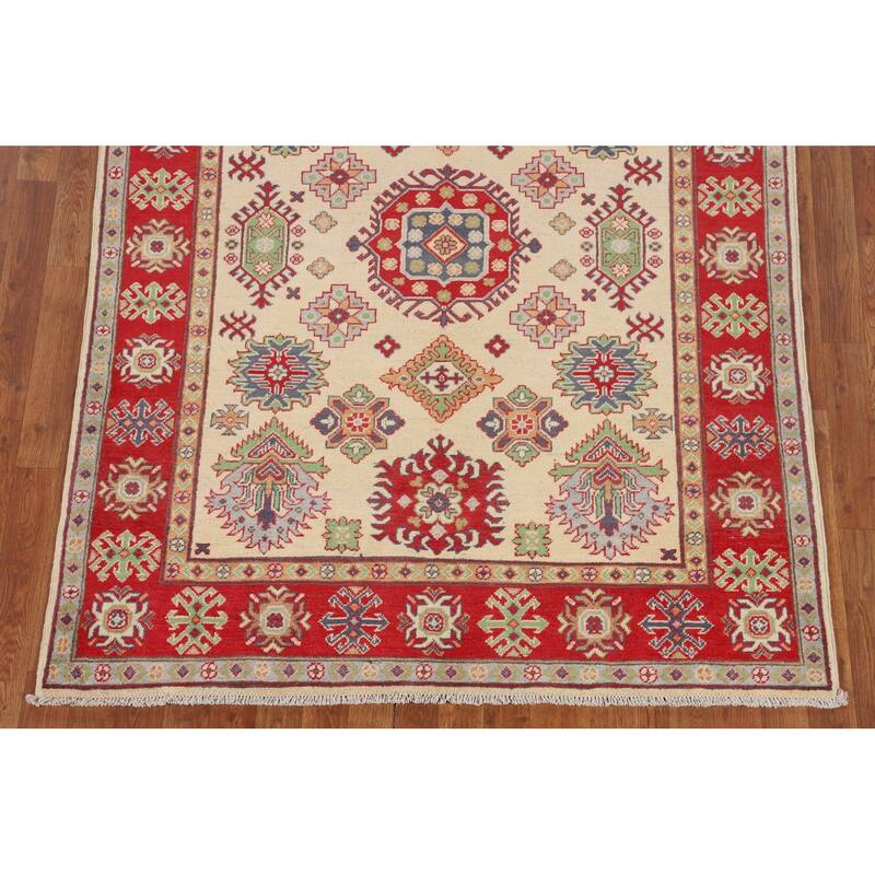 Geometric Kazak Oriental Area Rug Hand-Knotted Living Room Wool Carpet - 4'10" x 6'4"