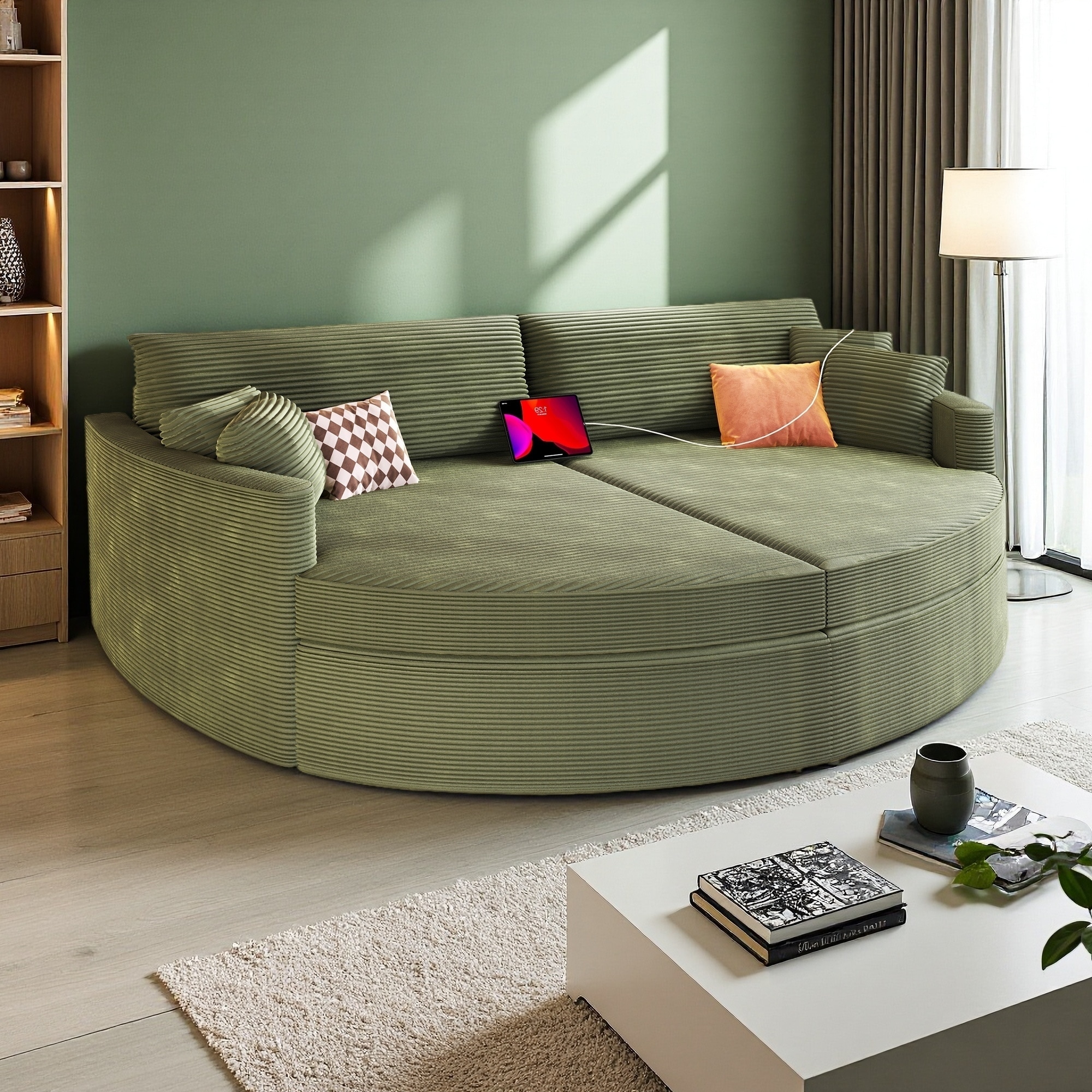 102.3" Corduroy Double Chaise 2-Seat Sectional Sofa Bed with USB & Deep Seat