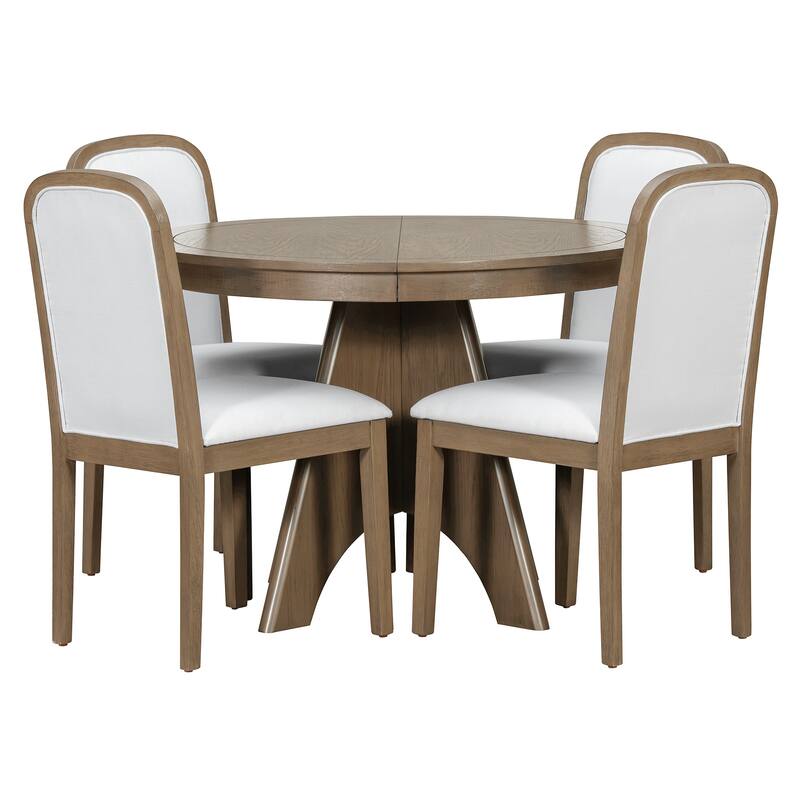 Vintage 5-Piece Extendable Dining Table Set with 4 Upholstered Chairs for Rustic Farmhouse Kitchen Aesthetics