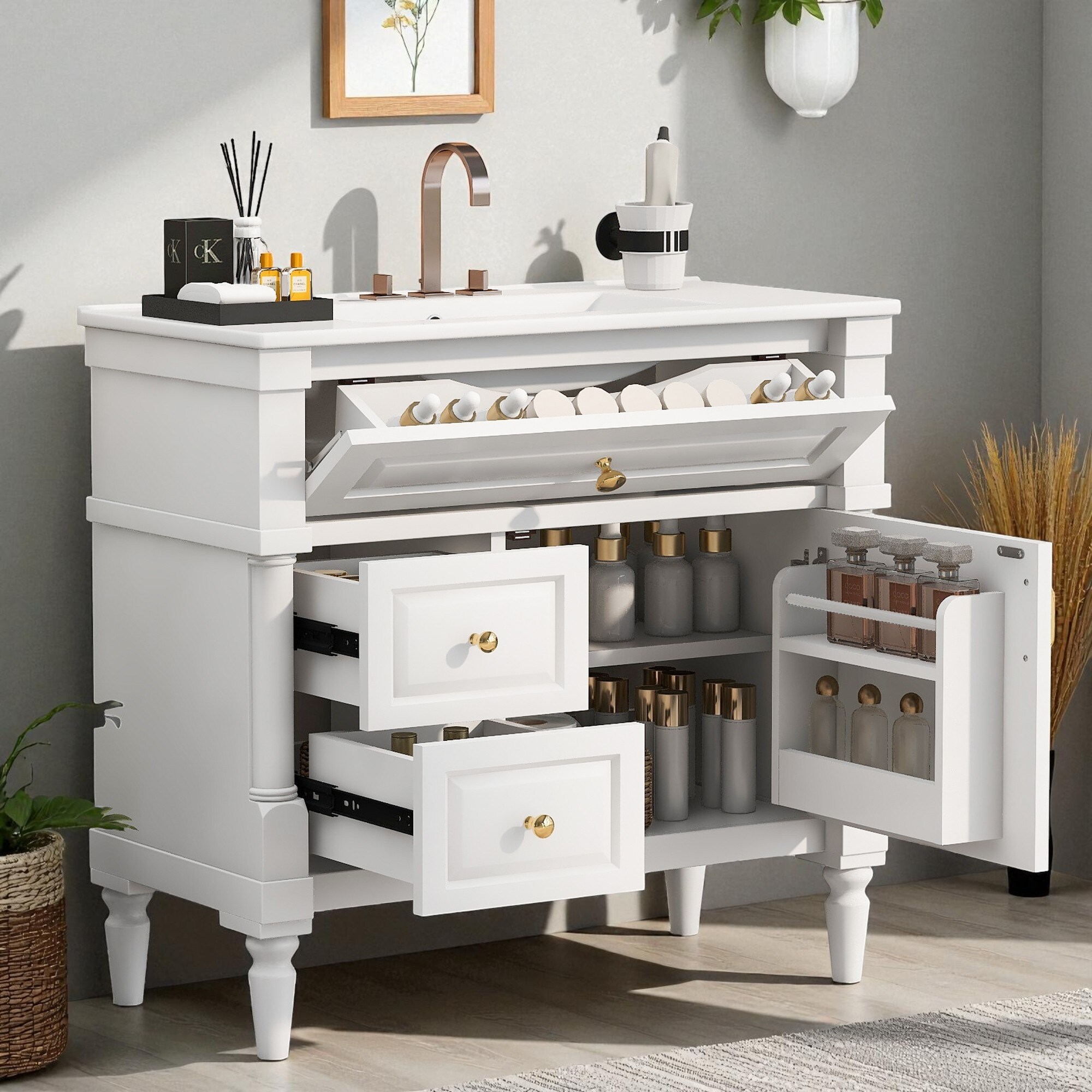 36" Freestanding Bathroom Vanity with Ceramic Sink, Flip Drawer, 2 Storage Drawers & Adjustable Shelf, Solid Rubberwood Frame