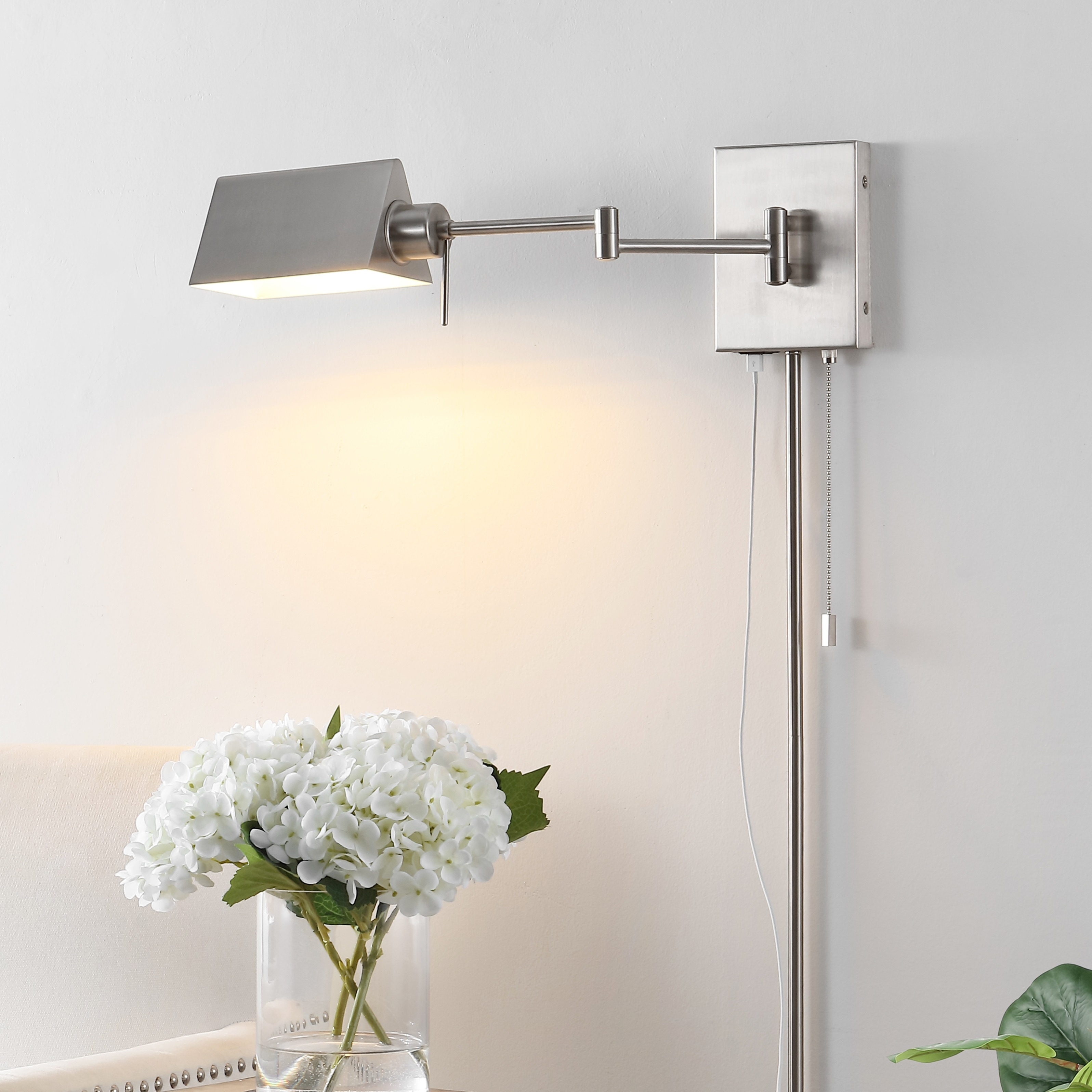 Curtis Farmhouse Swing Arm Plug-In or Hardwired Iron LED Wall Sconce with Pull-Chain with USB Charging Port, by JONATHAN Y
