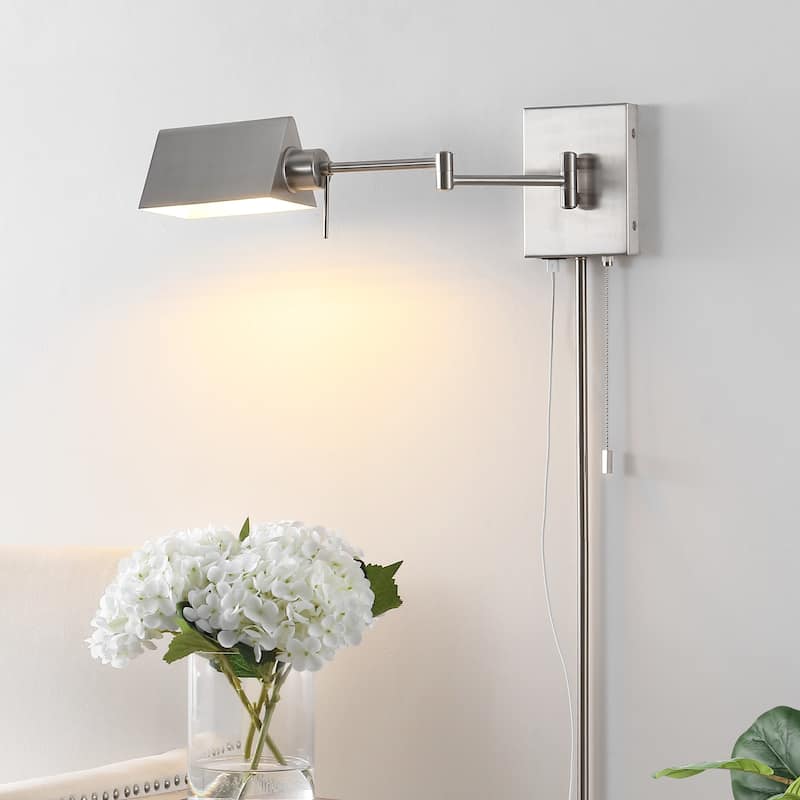 Curtis Farmhouse Swing Arm Plug-In or Hardwired Iron LED Wall Sconce with Pull-Chain with USB Charging Port, by JONATHAN Y