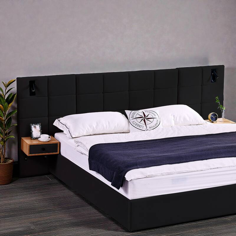 King Size Velvet Upholstered Hydraulic Storage Platform Bed with Shelves, Reading Lamps & USB Charging Port
