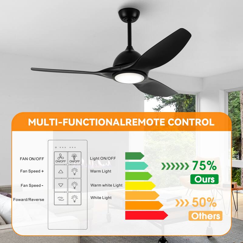 52-inch Modern Matte Black DC LED Ceiling Fan with Remote
