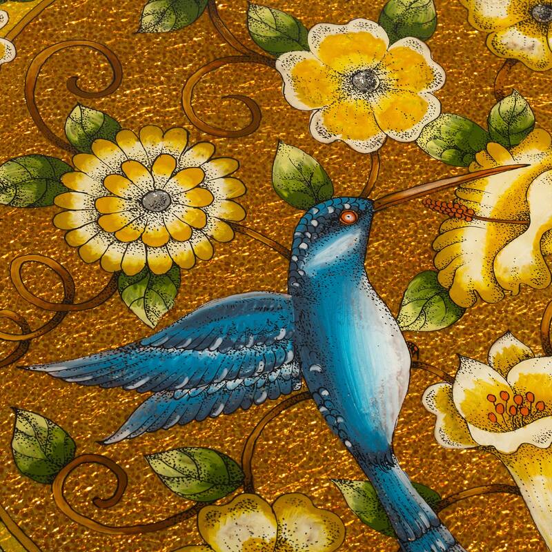 Novica Handmade Highland Hummingbird In Gold Reverse-Painted Glass Tray