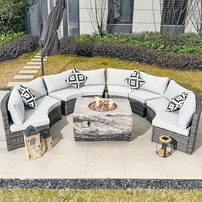 8-Seat Modular Outdoor PE Rattan Sofa Set with Multifunctional Terrafab Composite Fire Pit Table