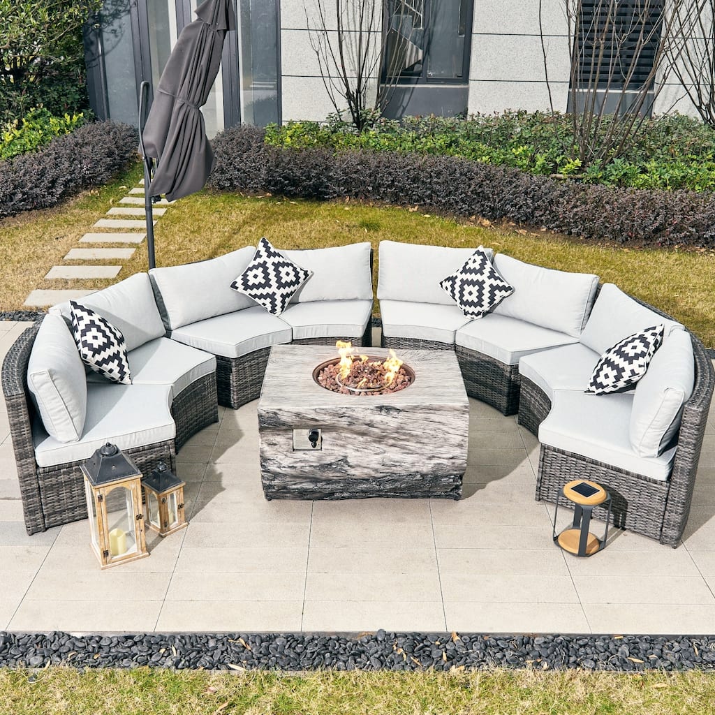 8-Seat Modular Outdoor PE Rattan Sofa Set with Multifunctional Terrafab Composite Fire Pit Table