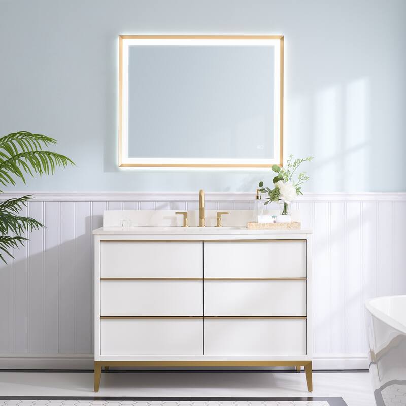 36"/48"/60" W Width Solid Wood Bathroom Vanity with Stain-resistant Carrera White Quartz Top and Sink - 48''Wx35''H - White