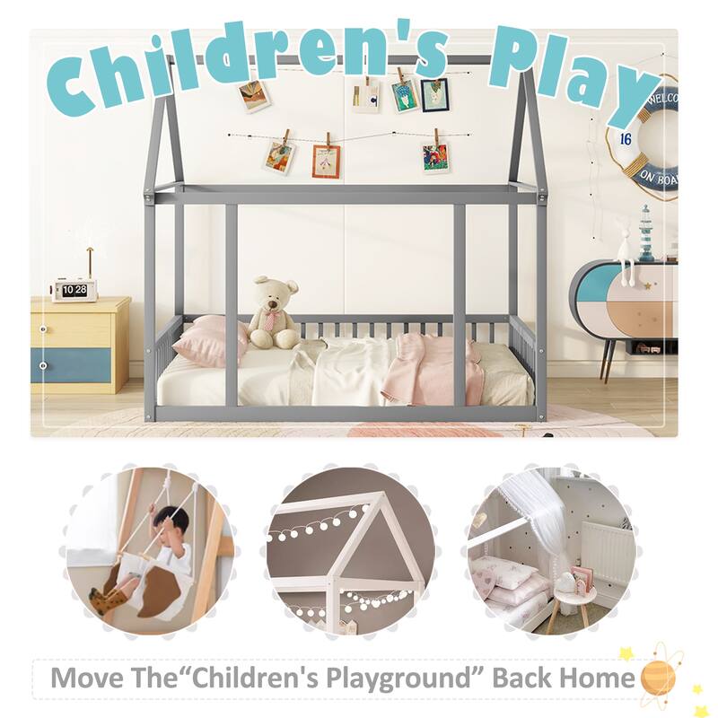 Twin/Full Size Floor Bed with Wooden House Roof Frame and Safety Guardrails for Children's Bedrooms, Small Space