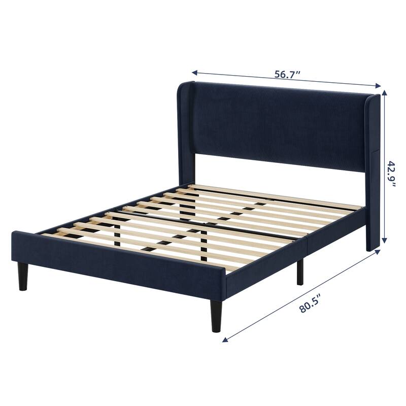Velvet Bed Frame Full Size with Wingback Headboard and Storage Pockets