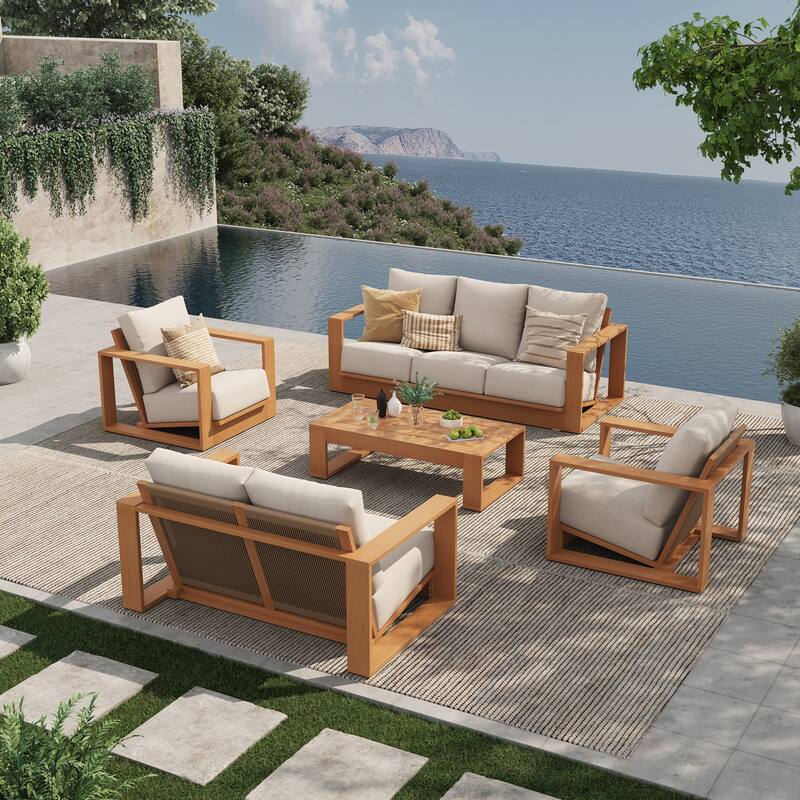 Outdoor Conversation Set 5-Piece Eucalyptus Wood 3-Seater Sofa Weather‑resistant Rope Weave Loveseat with Coffee Table